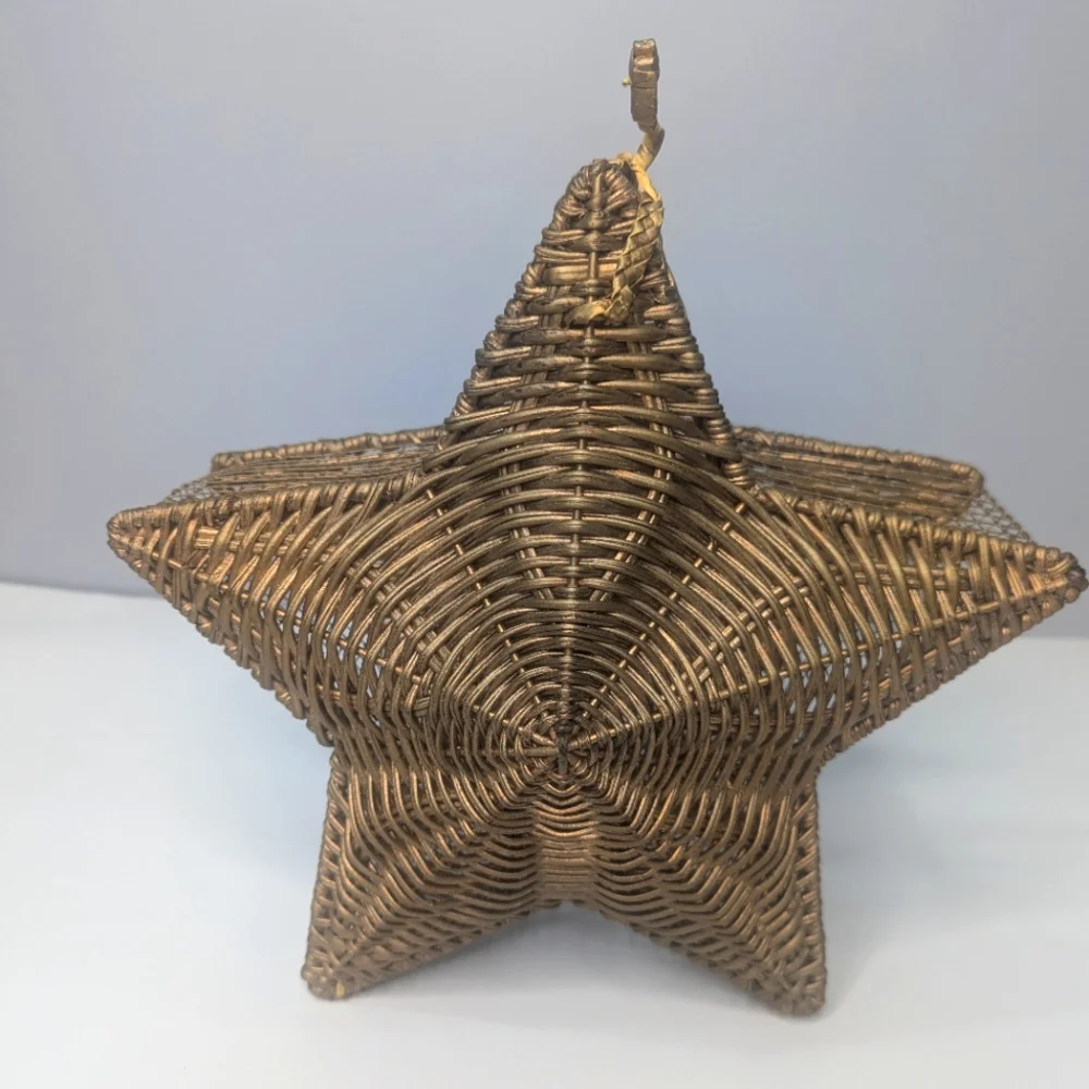 Vintage Star Shaped Basket Wicker and Wire Metallic Gold with Lid